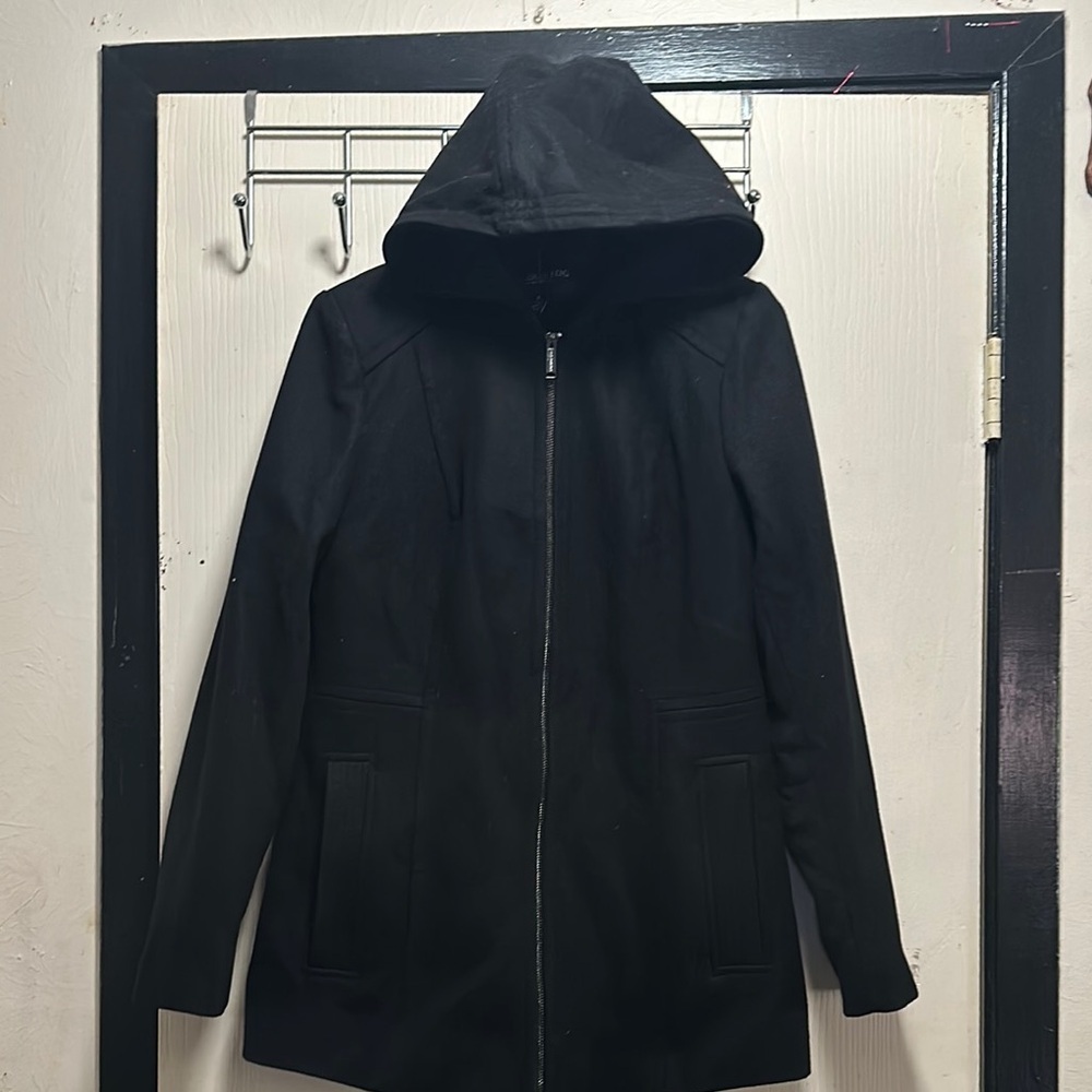 London Fog Black Hooded Wool Blend Coat - Size Small - Picture 14 of 16